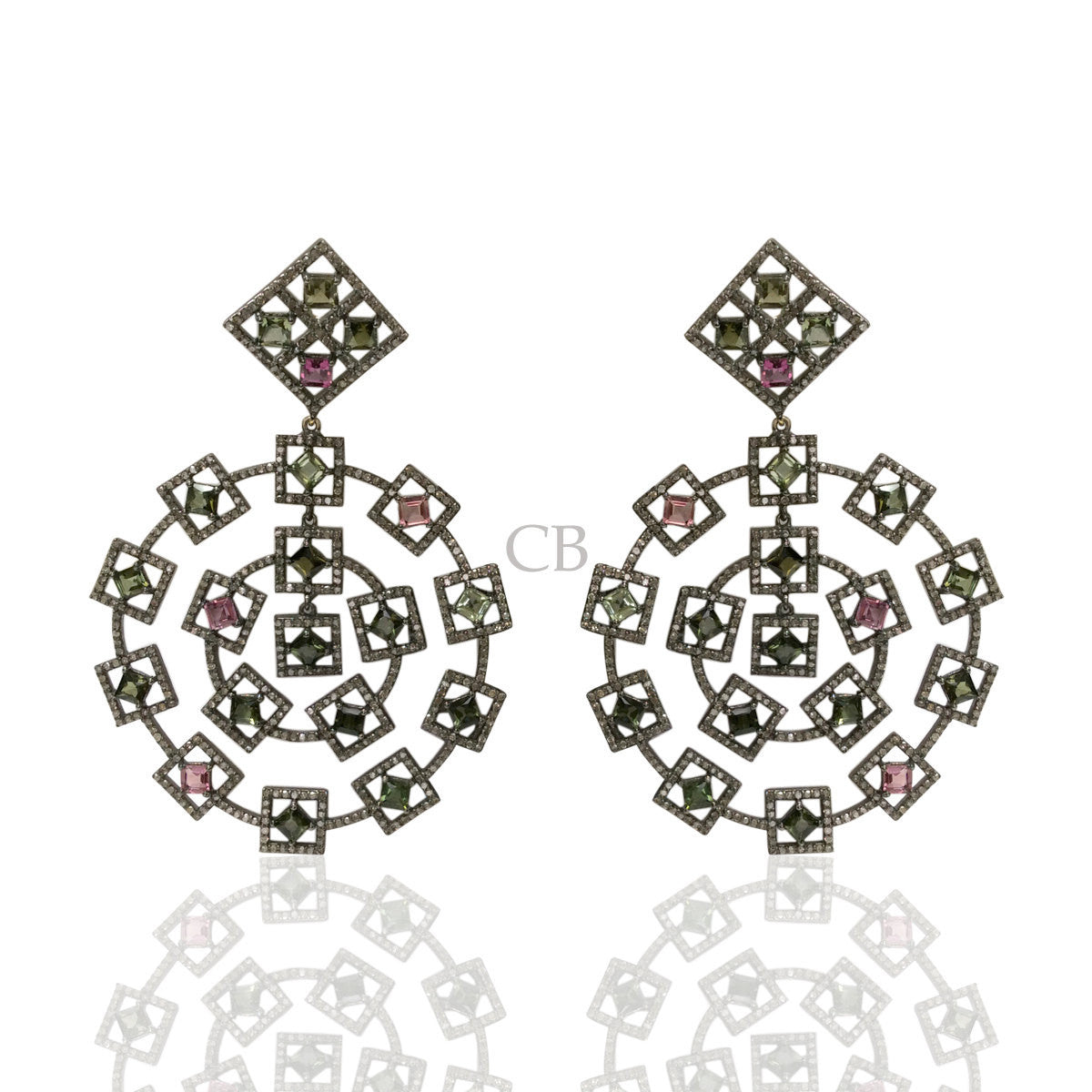 Diamond and Silver Multi Tourmaline Black Rhodium Finish Earrings