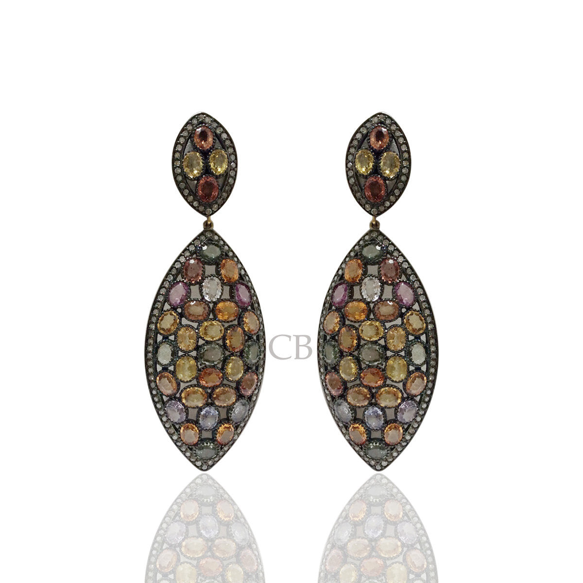 Diamond and Silver multi Sapphire Black Rhodium Finish Earring.