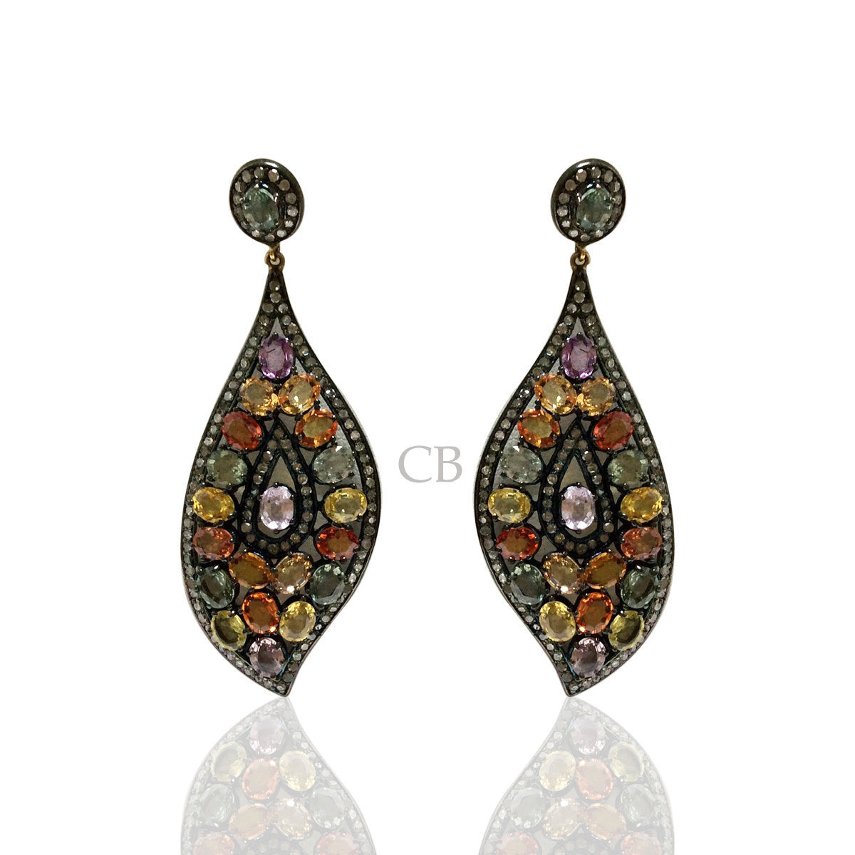 Diamond and Silver Multi Tourmaline Black Rhodium Finish Earring