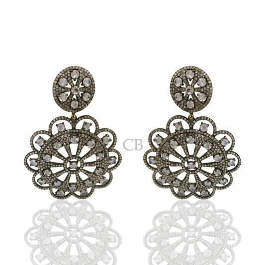 Diamond and Silver White Rainbow Moon Stone Black Rhodium Finish Earring