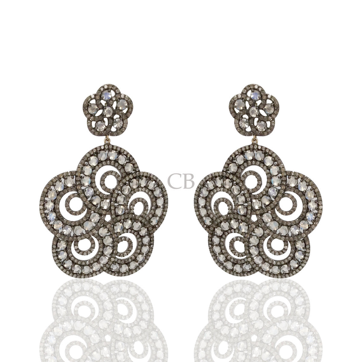 Diamond and Silver White Rainbow Moon Stone Black Rhodium Finish Earring