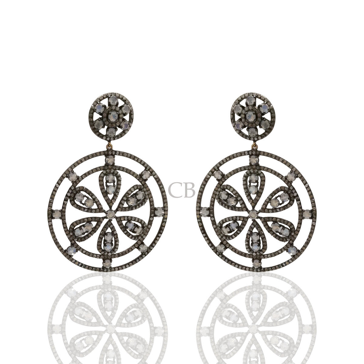 Diamond and Silver White Rainbow Moon Stone Black Rhodium Finish Earring