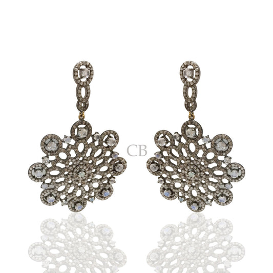 Diamond and Silver White Rainbow Moon Stone Black Rhodium Finish Earring