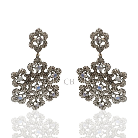 Diamond and Silver White Rainbow Moon Stone Black Rhodium Finish Earrings