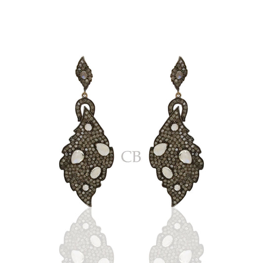 Diamond and Silver White Rainbow Moon Stone Black Rhodium Finish Earrings