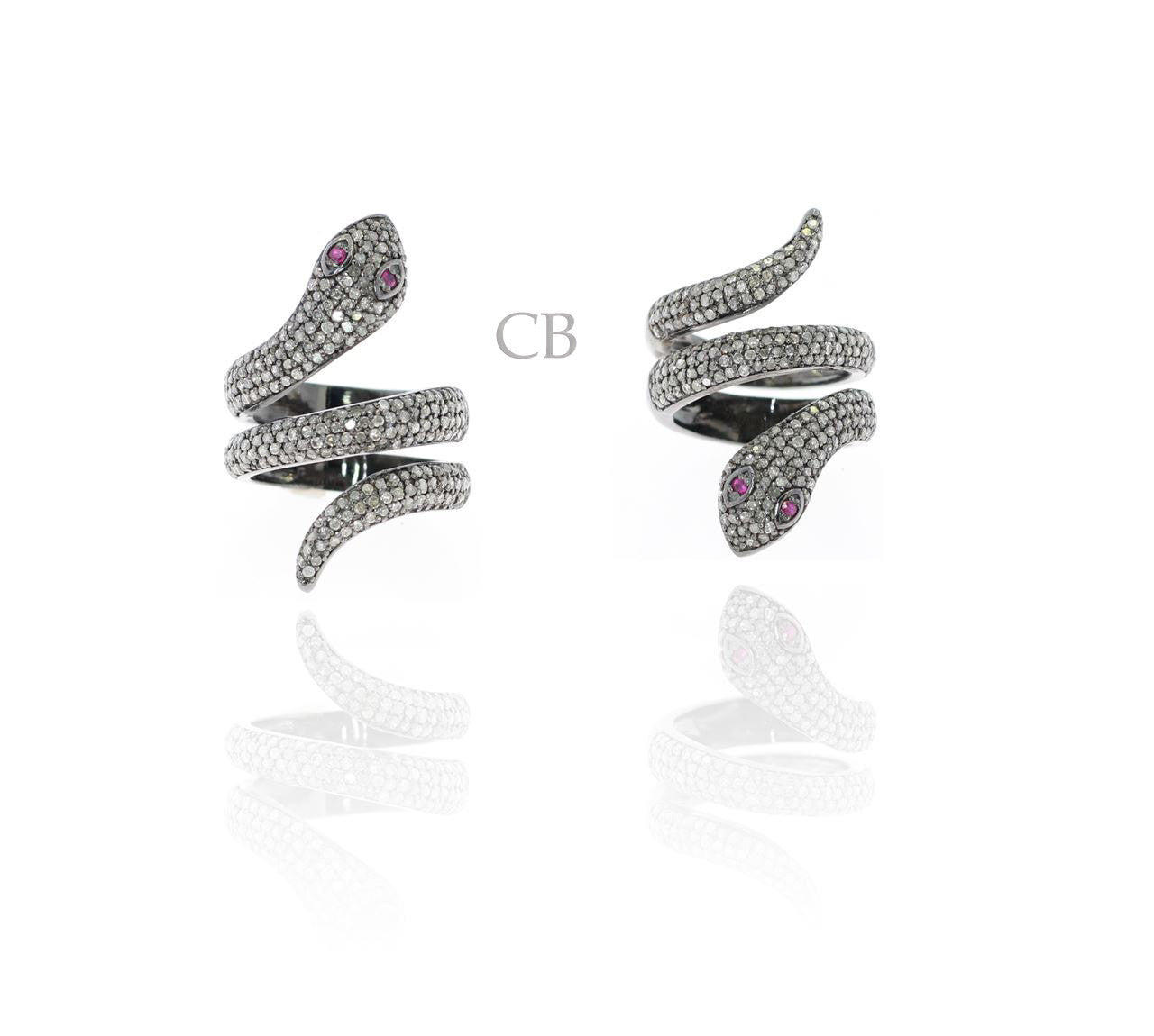 Diamond and Silver Ruby Stone Black Rhodium Finish Ring
