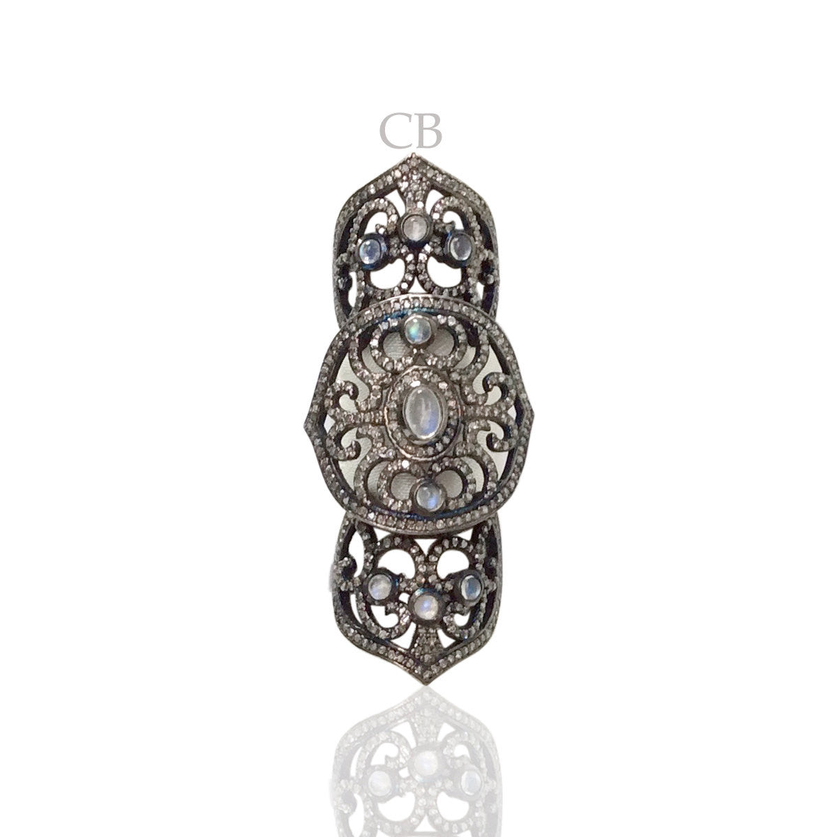 Diamond and Moon Stone Black Rhodium Finish Silver Rings