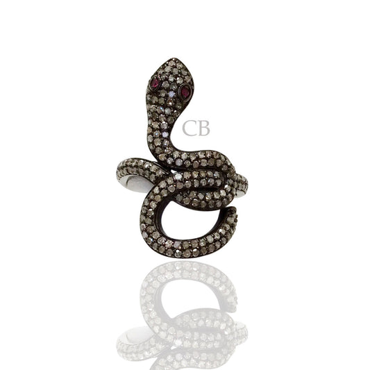 Snake Diamond and Ruby Silver Black Rhodium Finish Rings