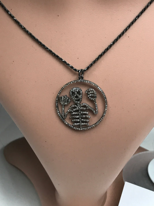 Diamond Round Skeleton Pendant, Pave Diamond Pendant,Pave Round Skeleton Necklace, Appx 33 x 35mm. Sterling Silver