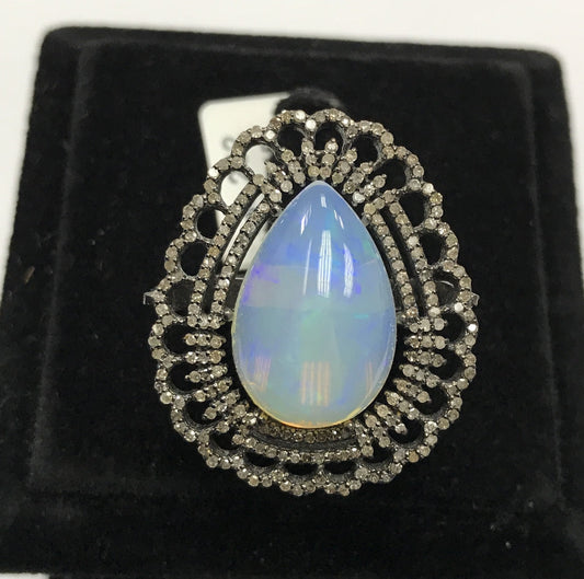 Tear Drop Shape Opal and Diamond Rinh