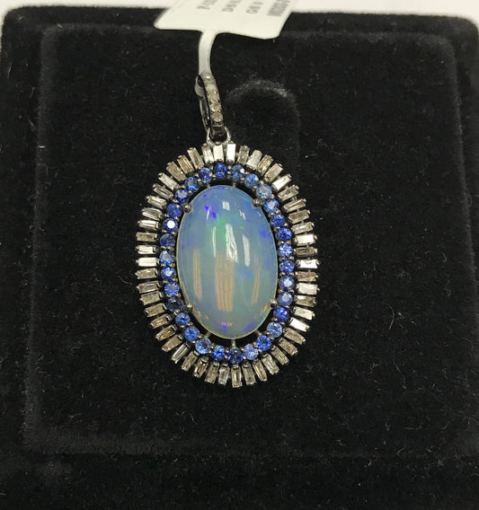 Oval Shape Opal and Diamond Pendant with Blue Sapphire