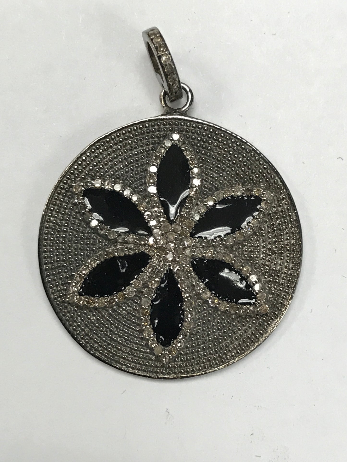 Circle (Flower Inside) Silver Diamond Charm .925 Oxidized Sterling Silver Diamond Charms, Genuine handmade pave diamond Charm Size Approx (30 MM)