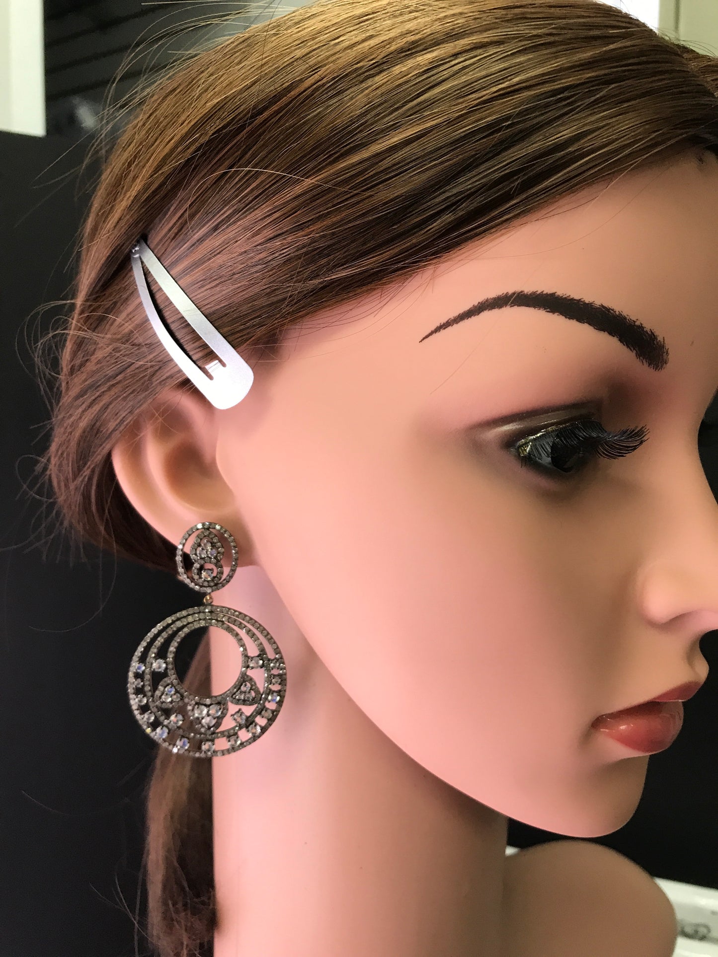 Diamond and Silver White Rainbow Moon Black Rhodium Finish Earring