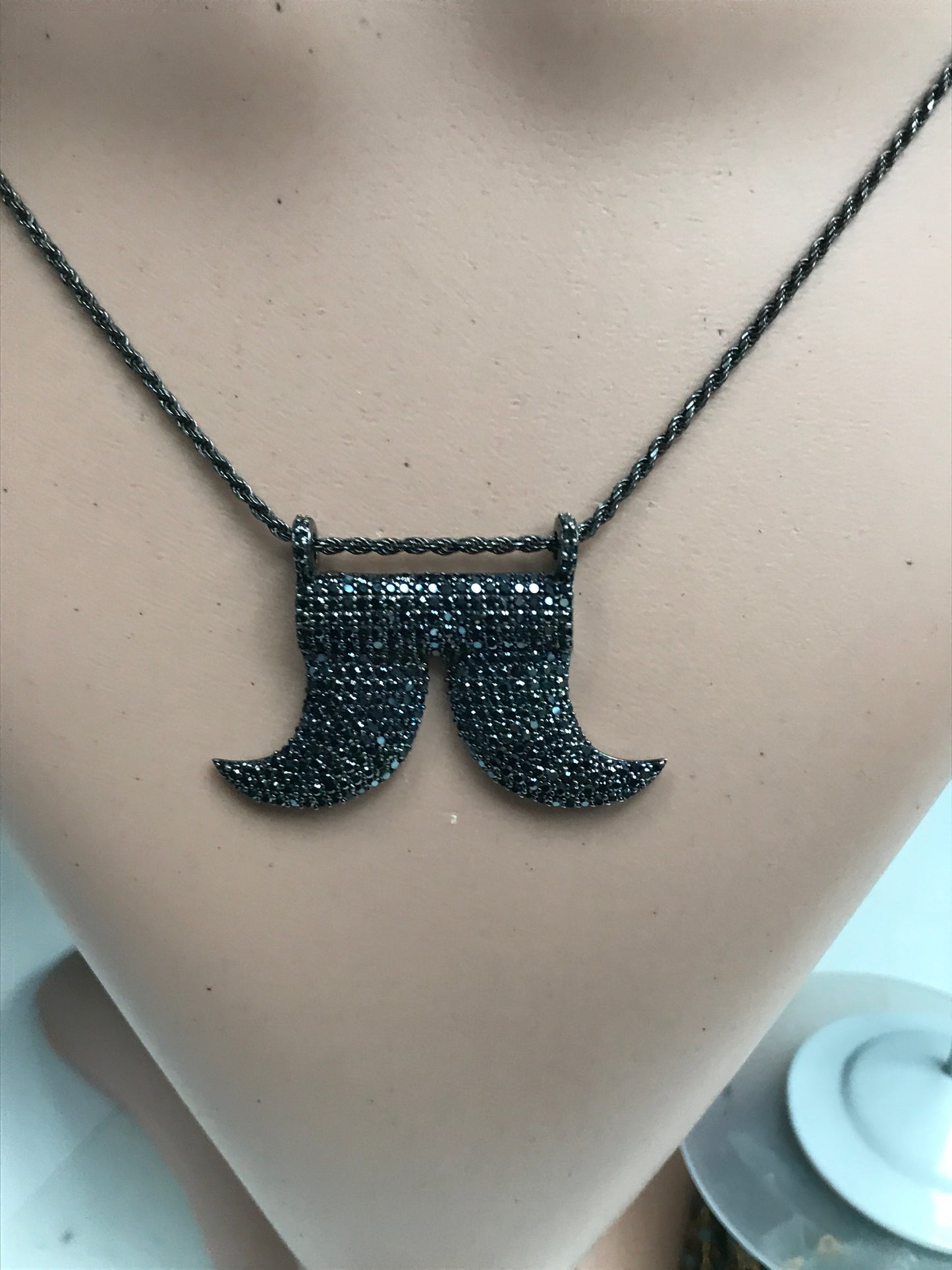Horns Shaped Black Spinal Charm, Pave Black Spinel ,Approx 1.76'' ( 44 x 28 mm) Oxidized Silver, Silver ,Black Spinel