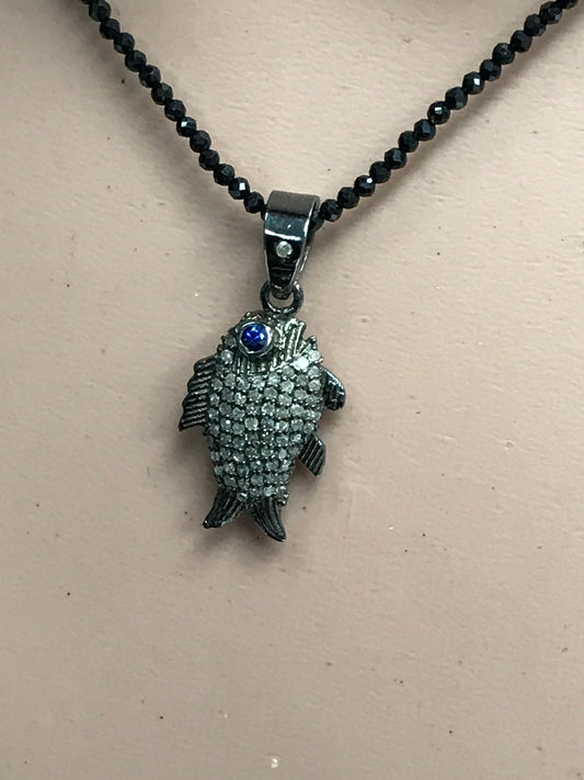 Fish Shape Diamond Pendant .925 Oxidized Sterling Silver Diamond Pendant, Genuine handmade pave diamond Pendant.