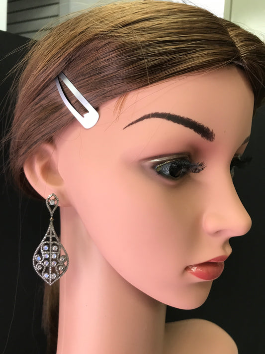 Diamond and Moon Stone Silver Black Rhodium Finish Earrings