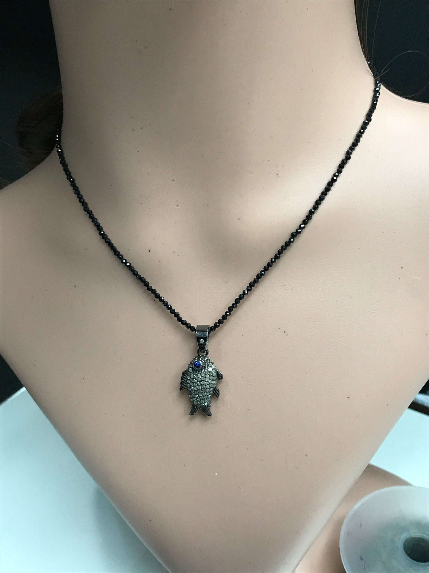 Fish Shape Diamond Pendant .925 Oxidized Sterling Silver Diamond Pendant, Genuine handmade pave diamond Pendant.