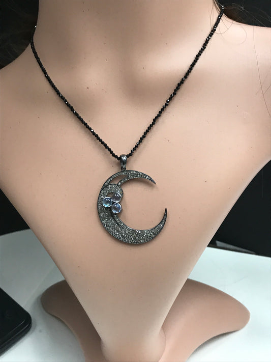 Moon Diamond Charm .925 Oxidized Sterling Silver Diamond Charms, Genuine handmade pave diamond Charm Size Approx 1.60"(40 x 35 MM)