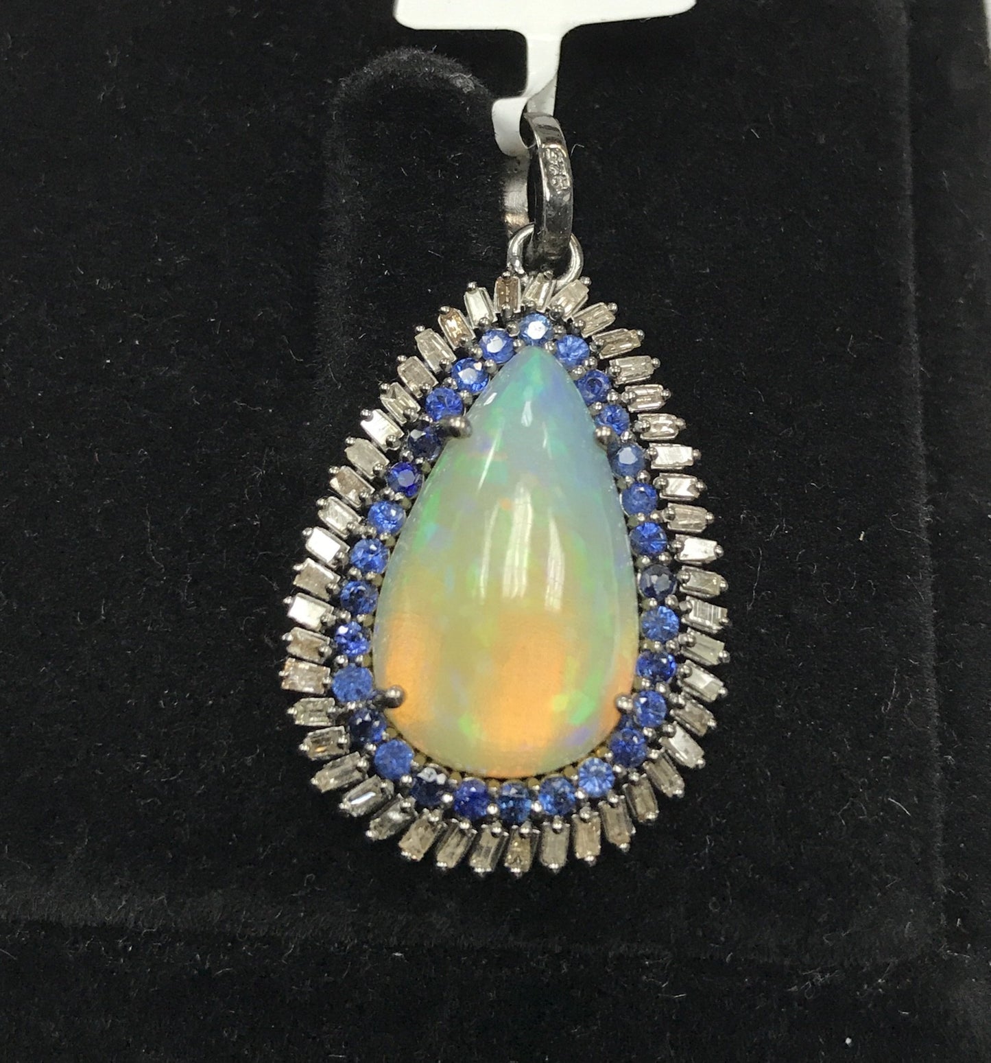 Opal with Diamond and blue Sapphire Pendant