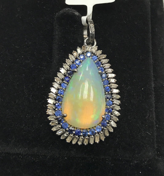Opal with Diamond and blue Sapphire Pendant