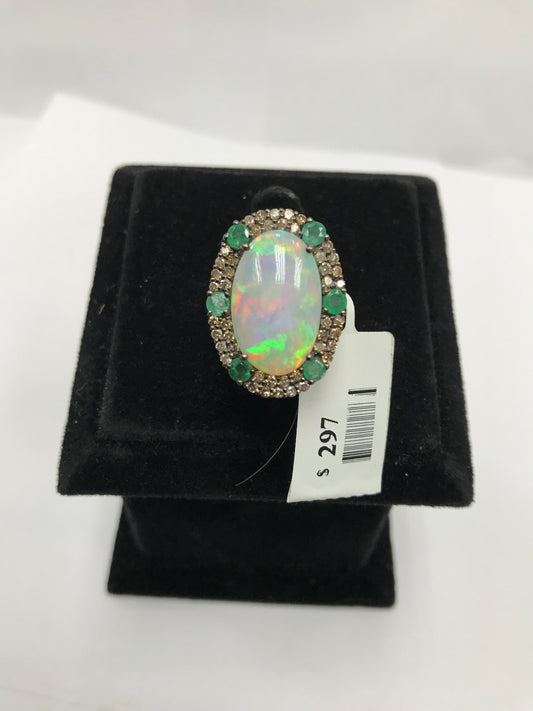 Opal and Diamond Ring with Emerald Accent