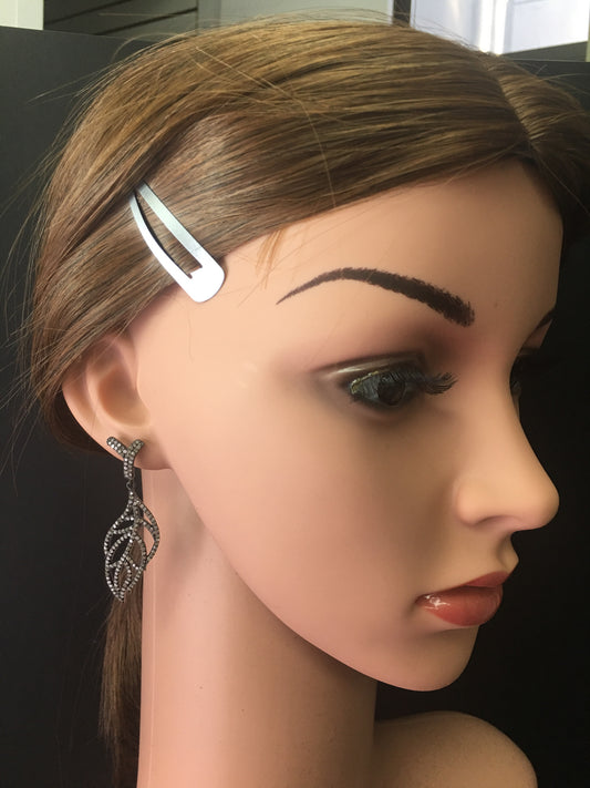 Feather Diamond Silver Earring .925 Oxidized Sterling Silver Diamond Earring, Genuine handmade pave diamond Earring Size 2.32"(18 x 58 MM )