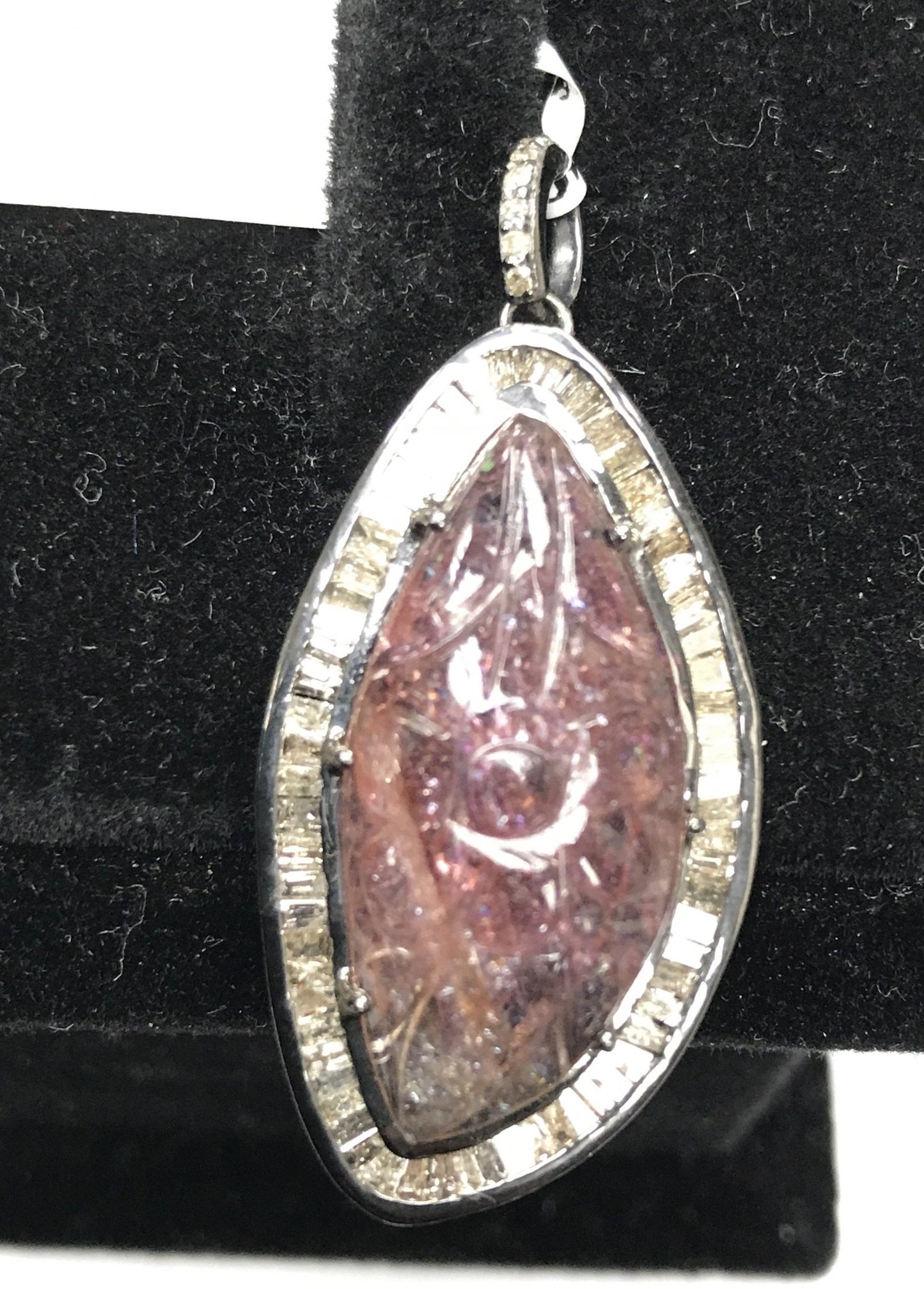 Pink Tourmaline Carved and Diamond Pendant