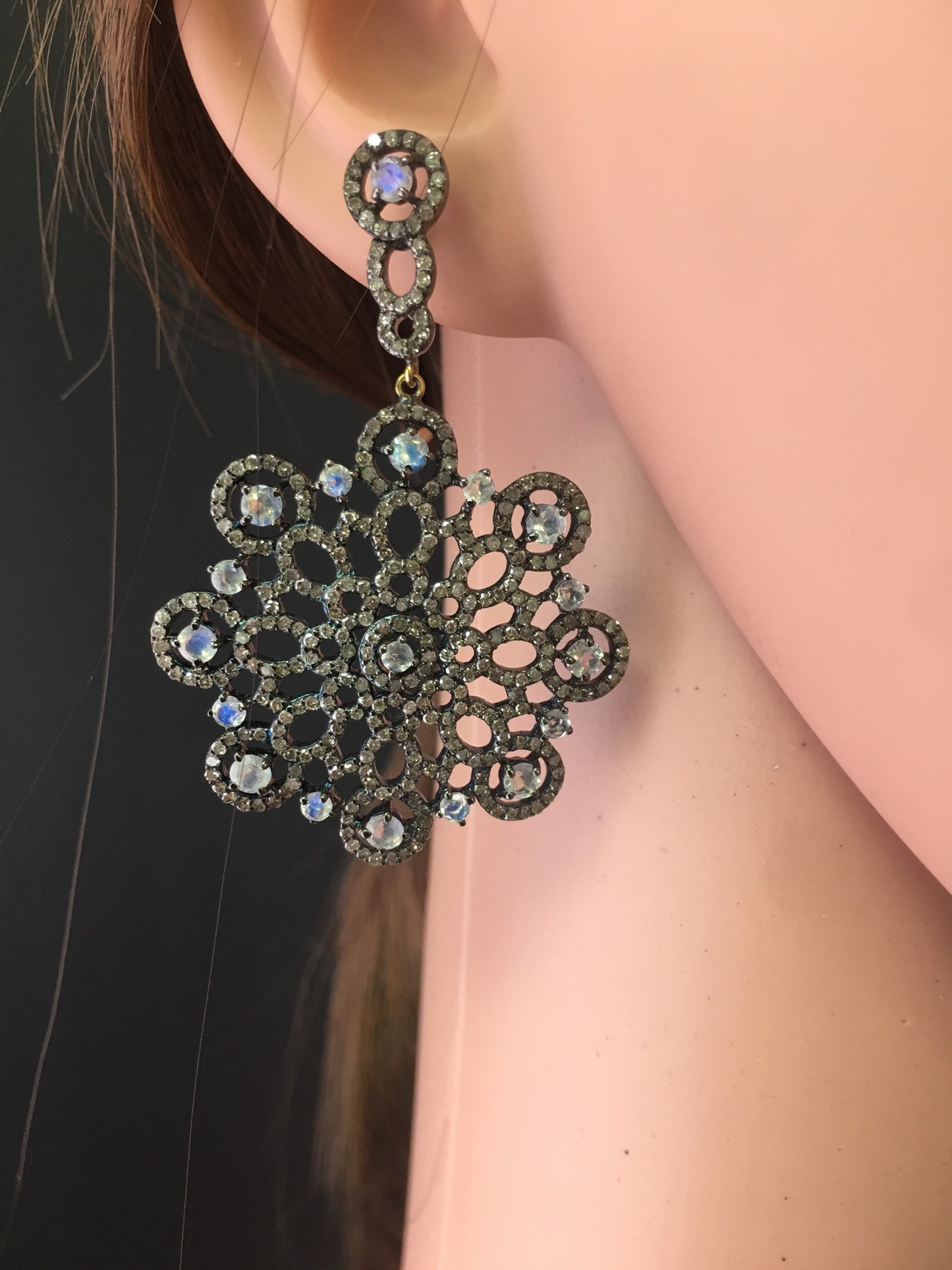 Diamond and Silver White Rainbow Moon Stone Black Rhodium Finish Earring