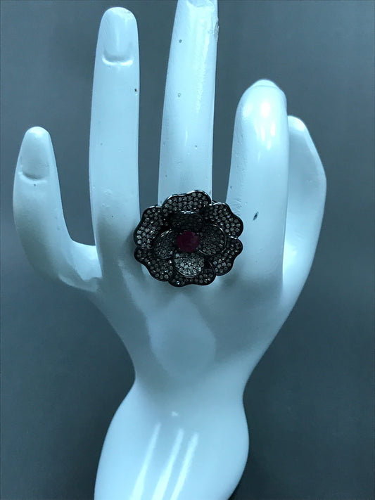 Diamond and Silver Ruby Black Rhodium Finish Ring