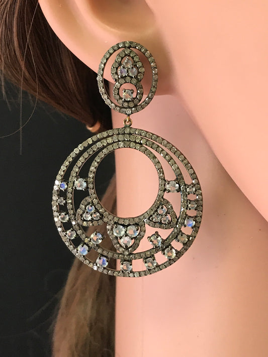 Diamond and Silver White Rainbow Moon Black Rhodium Finish Earring