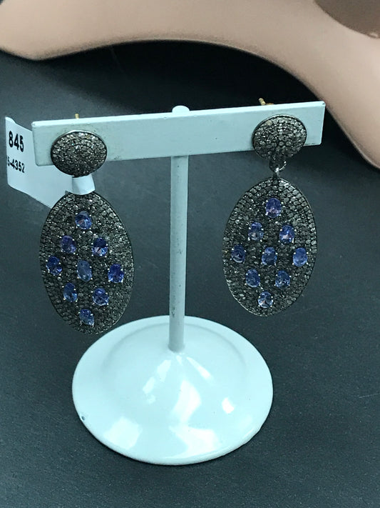 Oval Diamond Silver Earring .925 Oxidized Sterling Silver Diamond Earring, Genuine handmade pave diamond Earring Size 2.00"(50 x 19 MM )