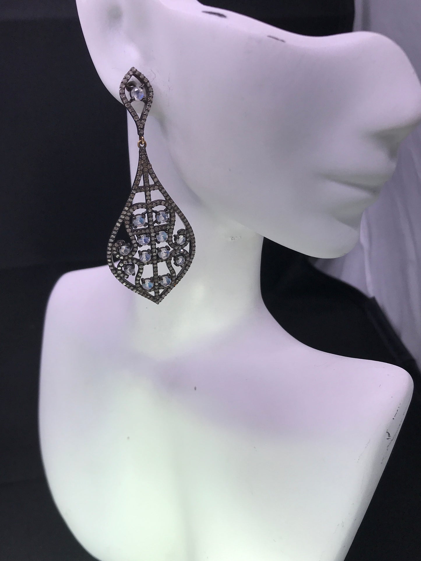 Diamond and Moon Stone Silver Black Rhodium Finish Earrings