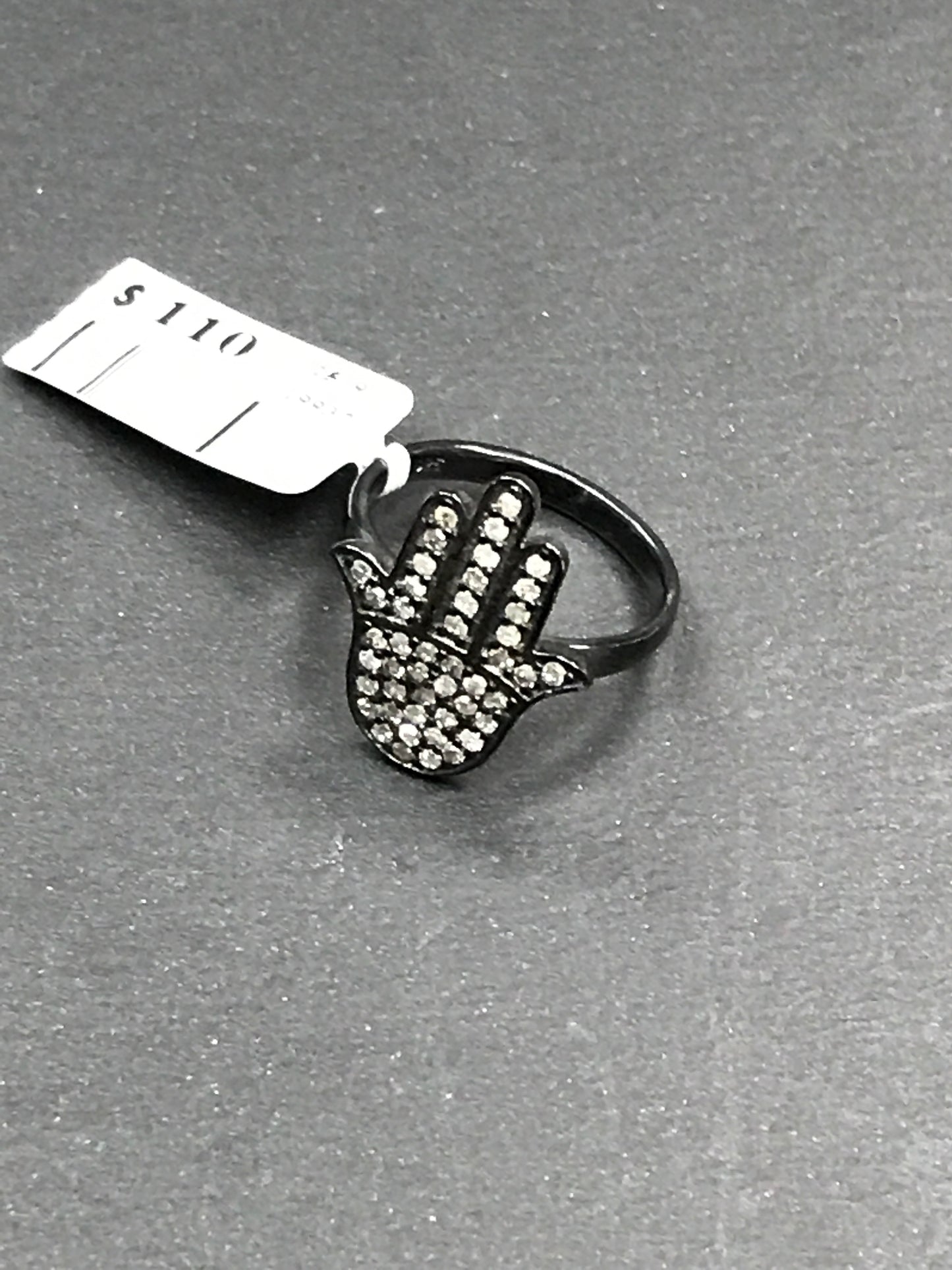 Hamsa Hand Diamond and Silver Black Rhodium Finish Ring