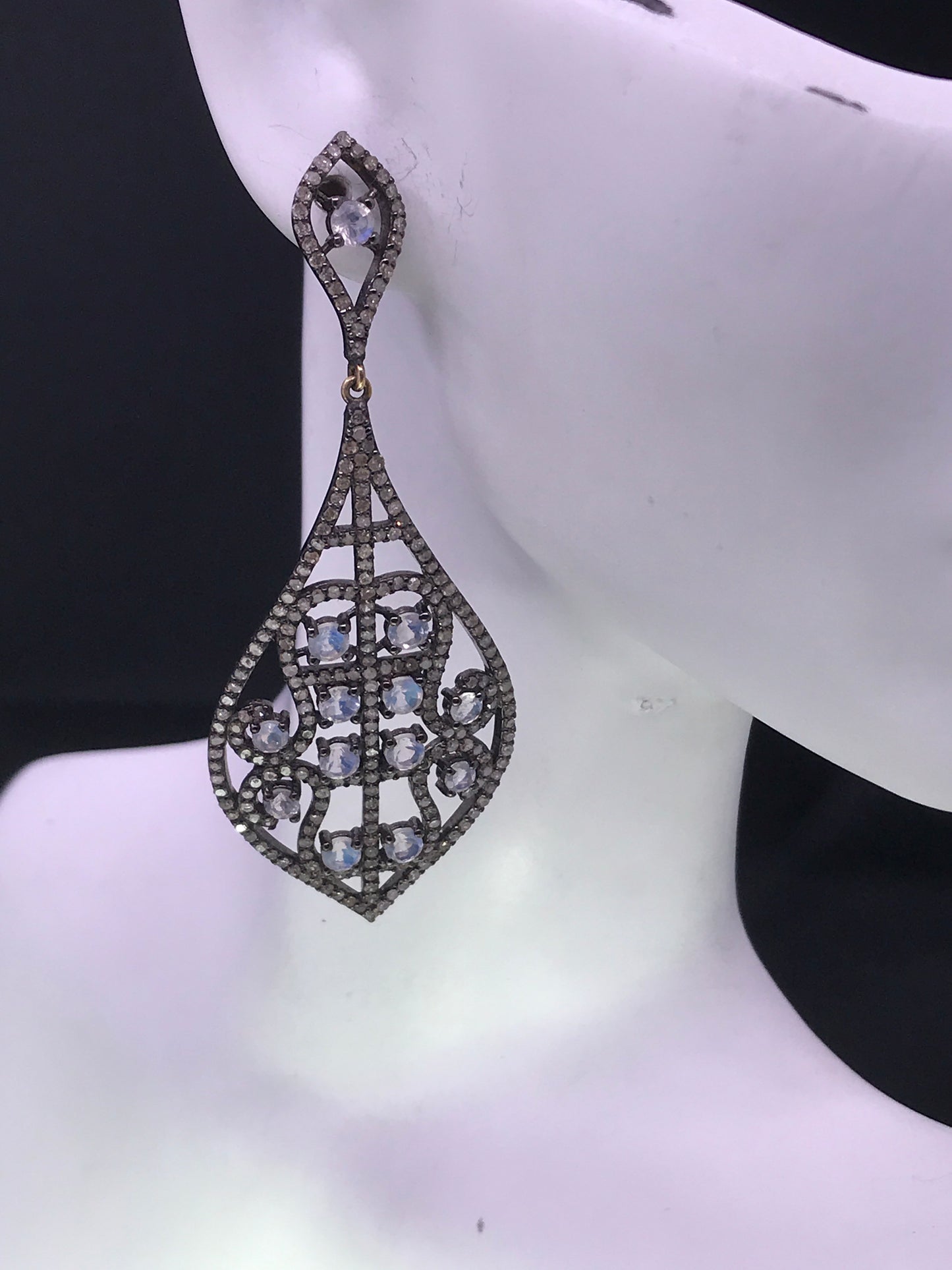 Diamond and Moon Stone Silver Black Rhodium Finish Earrings