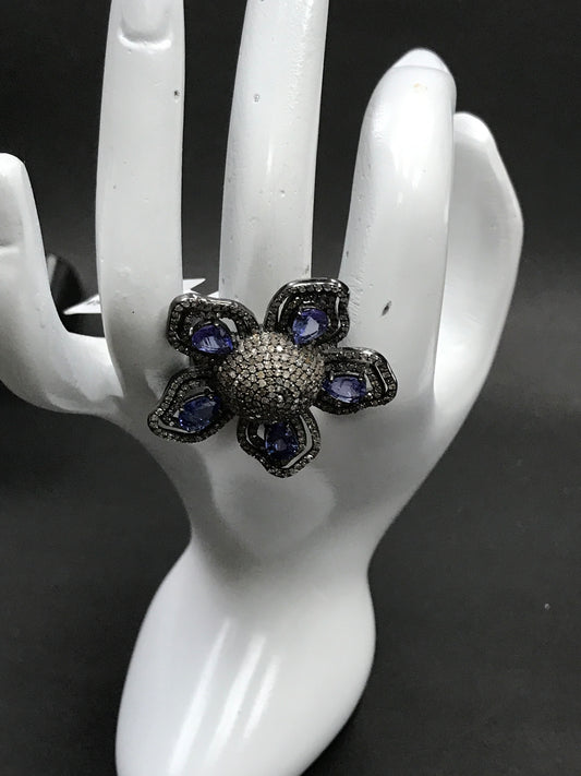 Flower Pave Diamond Ring .925 Oxidized Sterling Silver Diamond Ring, Genuine handmade pave diamond Ring Size Approx 1.60"(40 MM)