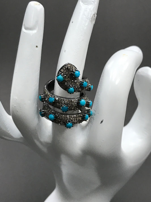 Snake shape Pave Diamond Ring .925 Oxidized Sterling Silver Diamond Ring, Genuine handmade pave diamond Ring Size Approx 1.40"(35 MM)