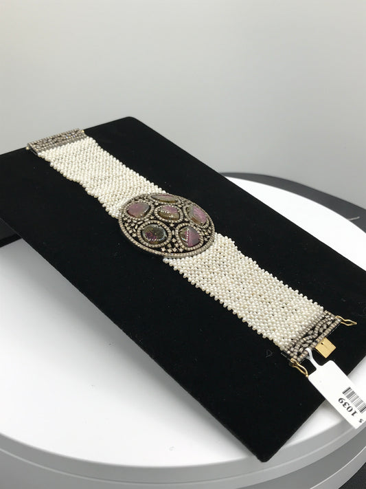 Multi Tourmaline and Diamond Pearl Woven Bracelet