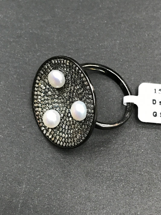 Diamond and Silver Pearl Black Rhodium Finish Ring