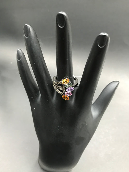 Diamond and Multi Sapphire Siver Black Rhodium Finish Rings