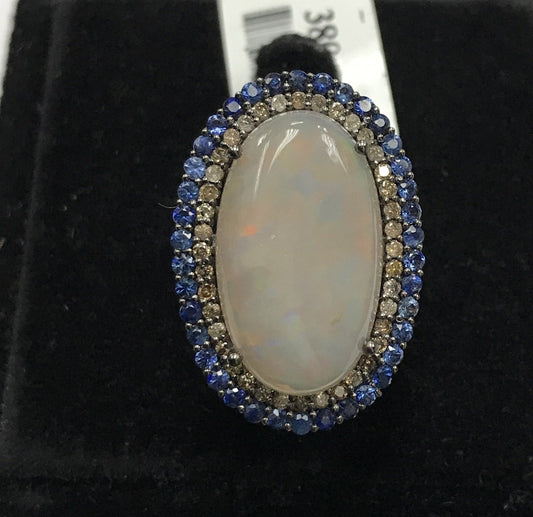OPAL RING WITH DIAMOND AND BLUE SAPPHIRE