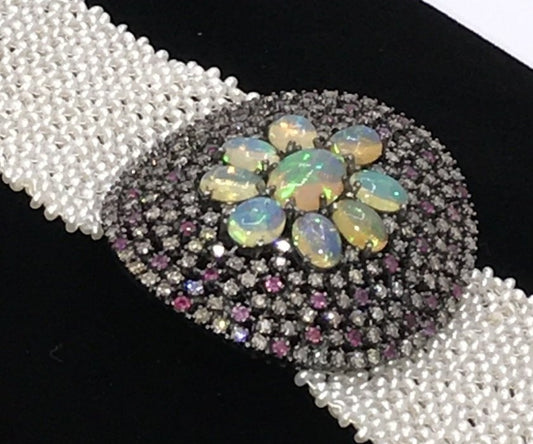 Opal and Diamond Designer Bracelet Pearl Woven
