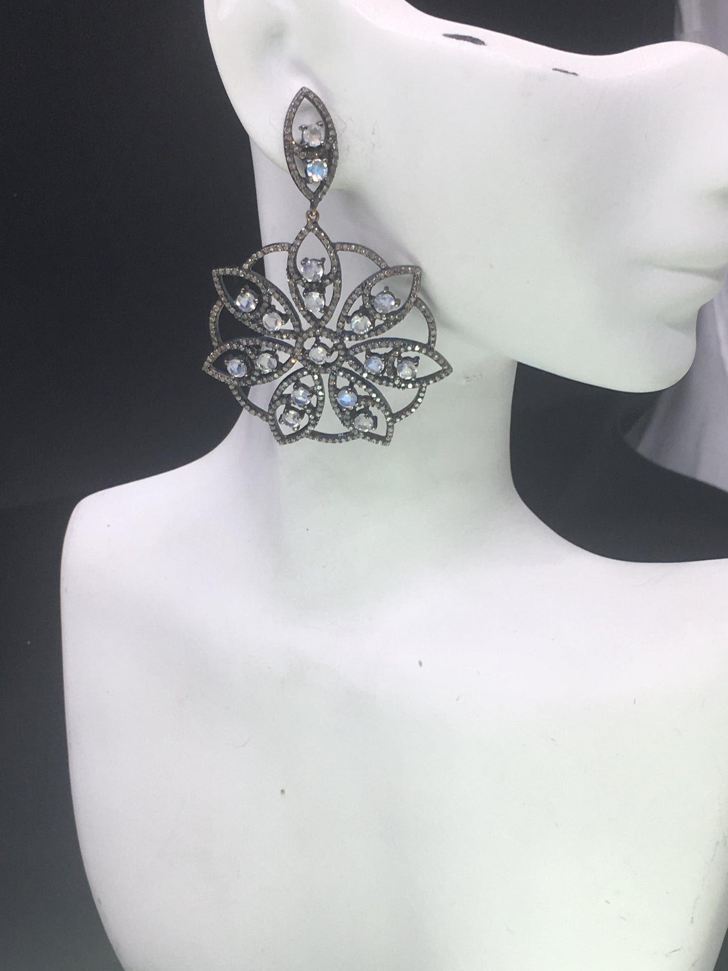 Diamond and Silver White Rainbow Moon Stone Black Rhodium Finish Earrings