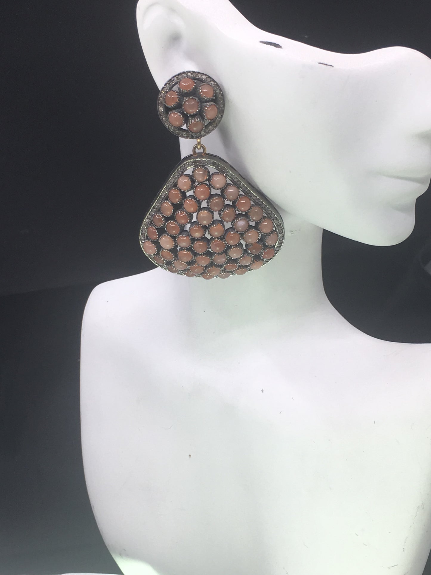 Diamond And Peach Moonstone Earrings