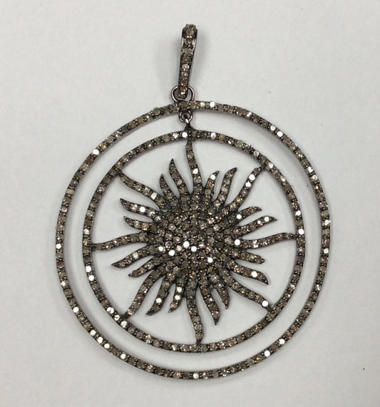 Sun Burst Diamond Charm .925 Oxidized Sterling Silver Diamond Charm, Genuine handmade pave diamond Charm Size Approx 1.52"(38 MM)