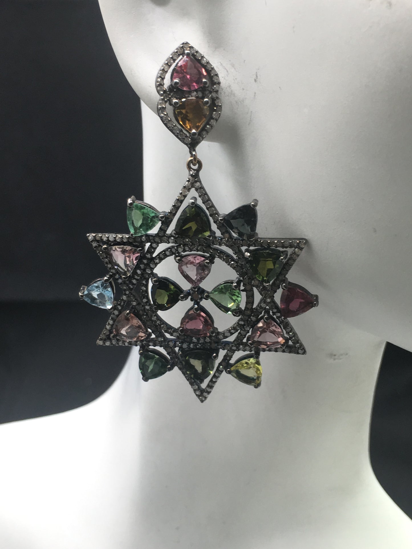 Diamond and Multi Tourmaline Silver Earrings