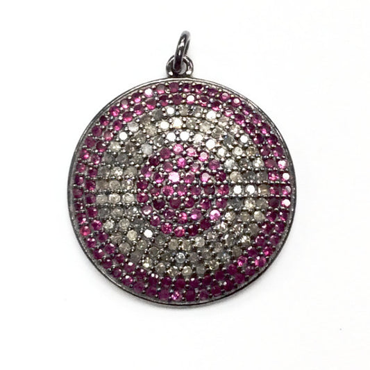 Round Ruby Diamond Charm .925 Oxidized Sterling Silver Diamond Charms, Genuine handmade pave diamond Charm Size Approx 1.04"(26 MM)