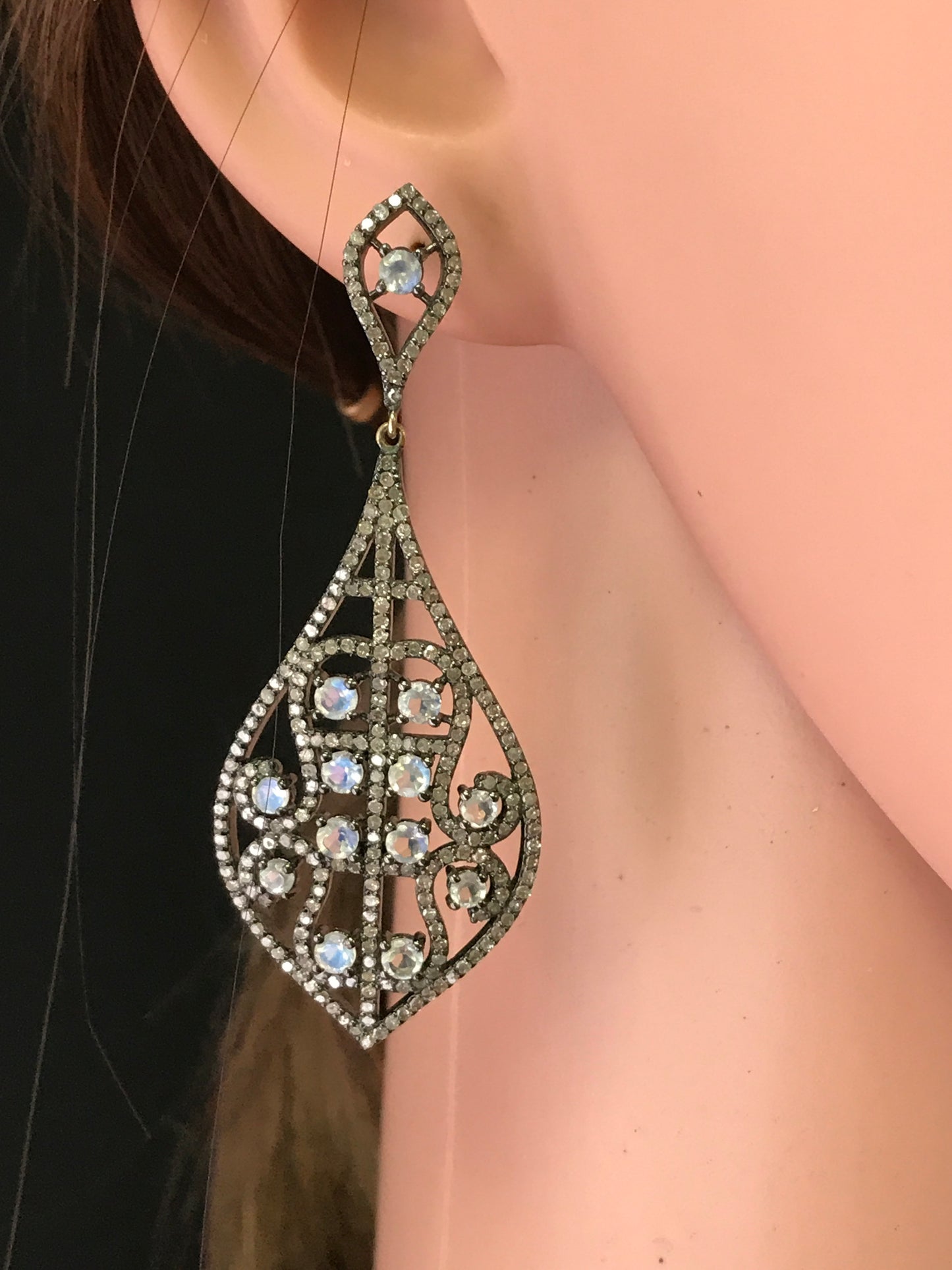 Diamond and Moon Stone Silver Black Rhodium Finish Earrings