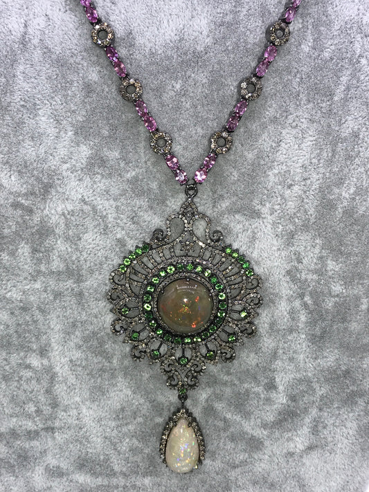 Opal And Diamond Designer Long Pendant Necklace