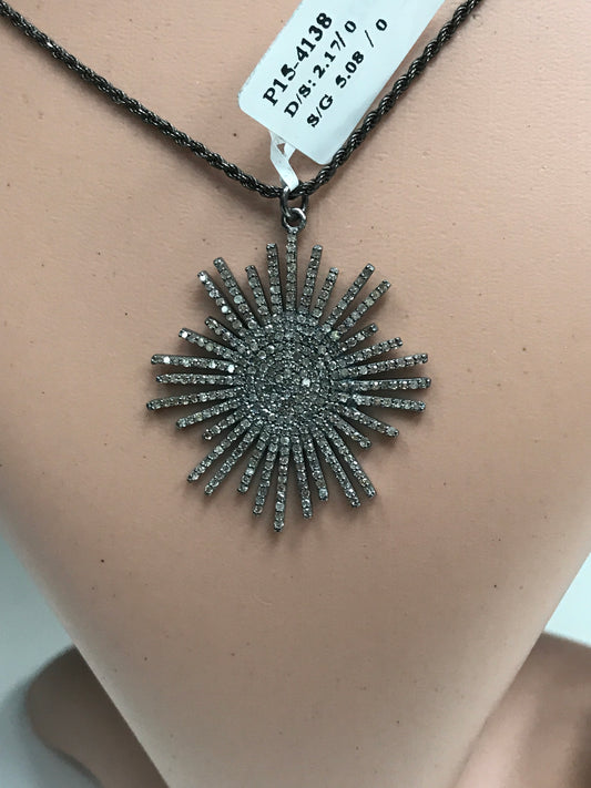 Sun Burst Diamond Pendant .925 Oxidized Sterling Silver Diamond Pendant,Genuine handmade pave diamond Pendant Size Approx 1.84"(46 x 36 MM)
