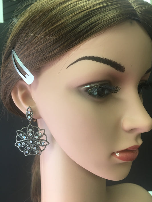 Diamond and Silver White Rainbow Moon Stone Black Rhodium Finish Earrings